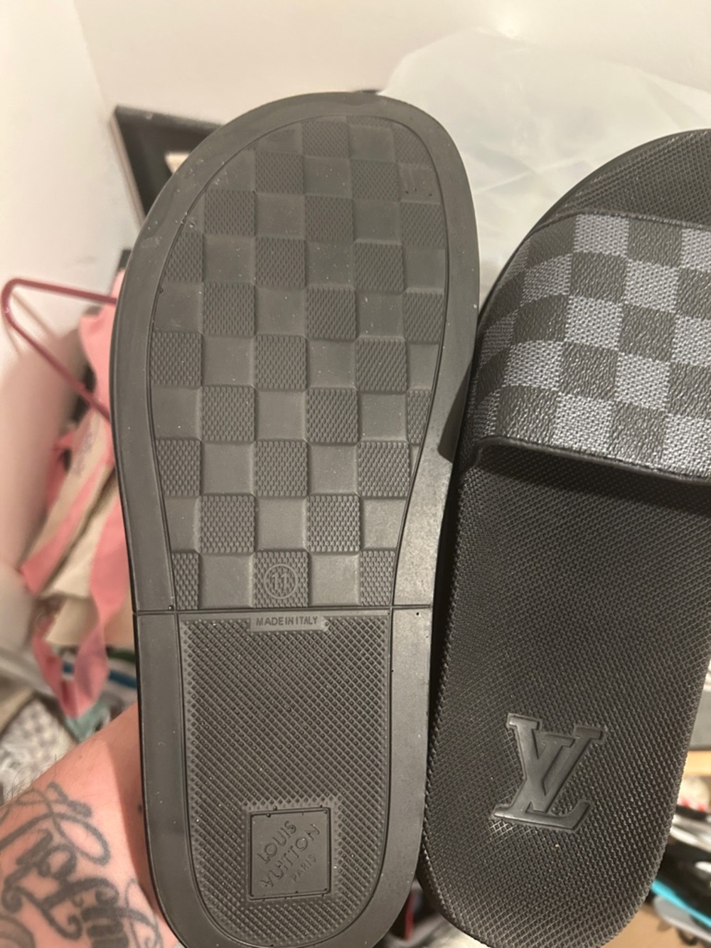 Louis Vuitton Men’s Black & Gray Damier Slide Sandals - Picture 2 of 2
